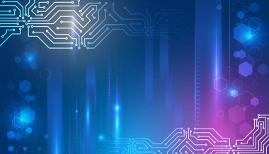 Mavi-mor gradyan üzerinde parlayan devre çizgileri ve altıgen desenlere sahip modern teknoloji arka planı dijital yenilikleri, veri ağlarını ve gelişmiş teknoloji sistemlerini sembolize eder..