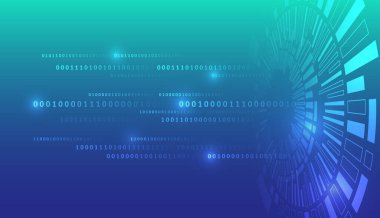 İkili kod ve dairesel teknoloji arayüzüne sahip gelecekçi dijital arkaplan, veri işlemeyi, siber güvenliği, yapay zekayı ve gelişmiş bilgi teknolojisi sistemlerini sembolize ediyor.