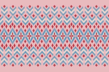 Kusursuz Ikat Deseni kavramı kırmızı ve mavi. Kusursuz desenli örgü örüyorum. Moda dokusu, kumaş, giysi, ambalaj, halı, duvar kağıdı, retro, Fas tarzı, etnik Ikat baskısı için tasarım