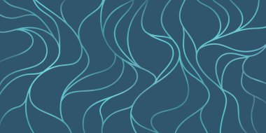 Sönük mavi tonlarda, gümüş kıvrımlı çizgilerle zarif soyut desen, modern asgari duvar kağıdı.