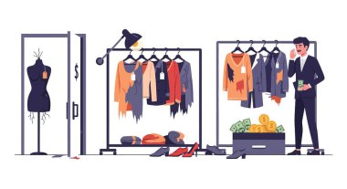 Bir işadamı, para ve sikke dolu hasarlı mankenler ve kıyafetlerle bir giyim mağazasının yanında duruyor. Sahne, yasadışı kazançları betimliyor.