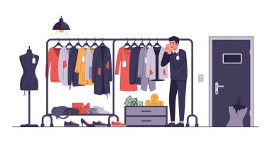 Bir adam elbise askısına, hasarlı giysiler ve yakındaki çekmecede para bulunca şaşırır. Olay yeri hırsızlığı ya da vandalizmi gösteriyor..