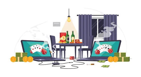 İki dizüstü bilgisayarda, zarla çevrili, parayla çevrili poker elleri görülüyor. Masada atıştırmalıklar, alkol ve yanan bir sigara var. Kumar sahnesi yaratıyorlar..