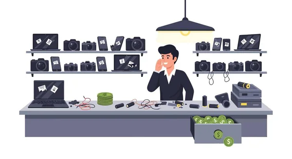 Gülümseyen bir teknisyen kameralar, telefonlar, dizüstü bilgisayarlar ve para ile çevrili bir atölyede duruyor..