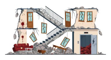 Deprem sonucu çok katlı bir binanın karikatür çizimi. Çatlamış duvarlar, kırılmış camlar ve yıkılmış enkazlar yıkımı resmediyor..