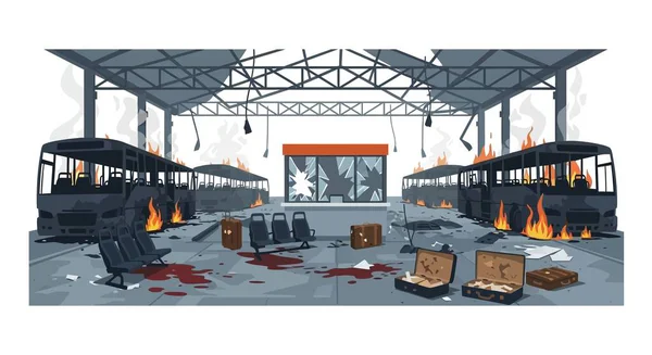 Hasarlı bir otobüs durağında yanan otobüsleri gösteren kaotik bir sahne. Kan lekeleri dağınık bavulların ve kırık koltukların yanında..
