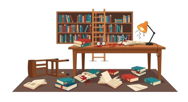 Bir kütüphane sahnesinde altüst olmuş bir sandalye, dağınık kitaplar, kırık bir lamba ve masada ve yerde kana benzer lekeler var..