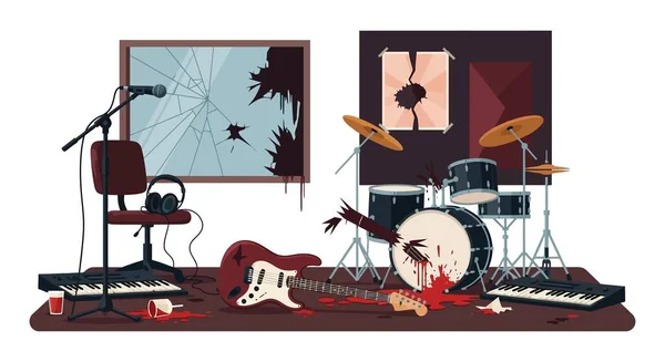 Dağınık bir müzik stüdyosu, kırık bir pencere, kırık enstrümanlar, dökülen sıvı, bir yıkım sahnesi ya da yoğun bir duygu sahnesi önerir.