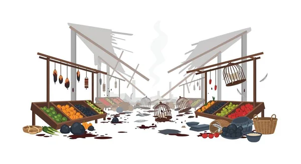 Meyve tezgahları, dağınık üretimler ve boş kuş kafeslerinin olduğu bir pazar sahnesi. Yıkılmış bir ortamda yere kan sıçramış gibi..