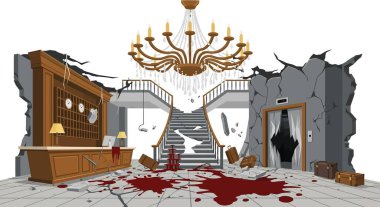 Yıkık dökük bir otel lobisi, enkaz ve kan lekeleriyle dolu, bir yıkım sahnesini resmediyor. Kırık duvarlar, dağınık bavullar ve dökülen kırmızı bir sıvı kaosu ön plana çıkarıyor..