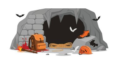 Bir mağara girişi, tırmanma ekipmanları, bir sırt çantası ve bir meşale, hepsi kan lekeleriyle çevrili. Sahne dramatik ve tehlikeli bir maceraya işaret ediyor..