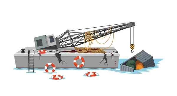 Bir vinç gemisi batıyor. Can yelekleri, bir kargo konteynırı ve bir merdiven..