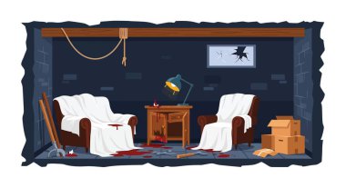 Kan lekeleriyle dolu karanlık bir bodrum odası, devrilmiş mobilyalar ve kutular, bir suç mahallini resmediyor. Beyaz çarşaflara sarılı iki koltuk, kırık bir pencere ve çeşitli aletler görünür..