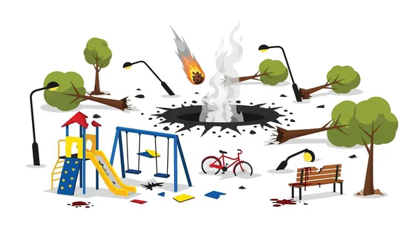 Bir oyun alanı yok edildi; bir göktaşı krateri, kırık ekipman, devrilmiş ağaçlar ve kan lekeleri görülebilir..