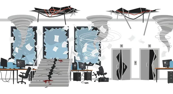 Kasırga tarafından tahrip edilmiş bir ofis alanının stilize edilmiş bir çizimi. Kırık camlar, çatlamış bir zemin ve ters dönmüş mobilyalar fırtınanın sonrasını gösteriyor..