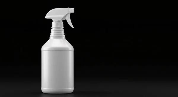 İzole edilmiş beyaz plastik sprey şişesiyle siyah bir sırt kaplaması.