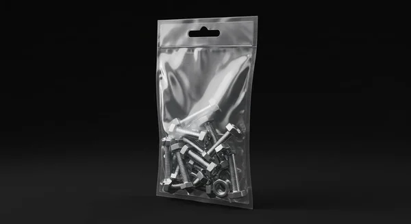 Siyah Arkaplanda Temiz Plastik Torbada Metalik Sürgüler ve Fındıklar