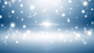 Parlayan bokeh ışıkları ve yağan karı andıran ince parıltılardan oluşan yumuşak mavi soyut bir arkaplan..