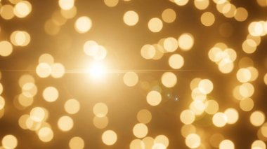 Işıldayan küreler ve bulanık ışık çemberleri ile yumuşak bir altın bokeh sahnesi, tasarım ve fotoğraf projeleri için soyut bir arkaplan olarak ideal..