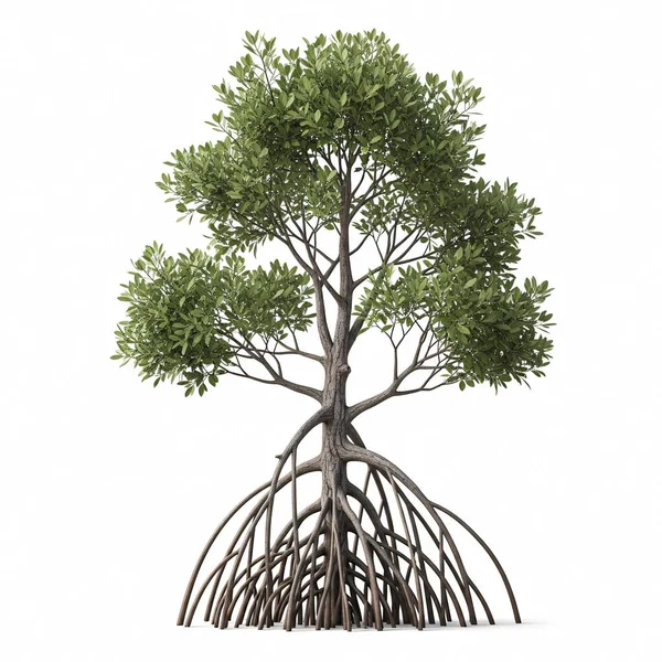 Topraktan yükselen geniş bir kök sistemine sahip sağlıklı bir ağaç temiz beyaz bir zemin üzerine, büyüme gücü ve doğal güzelliği vurguluyor..