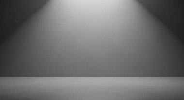 Asgari gri ölçekli bir stüdyo sahnesi. Sahne, tek bir spot ışıklarının aydınlattığı, dramatik bir ışık ve gölge yaratan boş bir sahne..