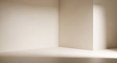 Soluk duvarları, yumuşak ışıklandırması ve ince gölgeler bırakan yüzen bir paneli olan sessiz ve soyut bir iç mekan..