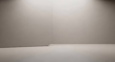 Açık gri bir duvarı ve yumuşak eğimli beyaz zemini olan temiz, boş bir stüdyo..