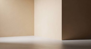 Geometrik duvar düzlemleri ve yumuşak ışıklandırmayla kontrastlık ve derinlik yaratan sakin bir minimalist iç mekan..