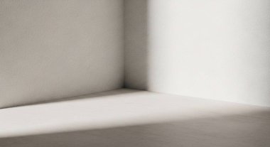 Sakin, minimalist bir iç mekan. Sakin duvarları ve yumuşak doğal ışığı olan sessiz bir köşe. Yumuşak gölgeler yaratıyor..