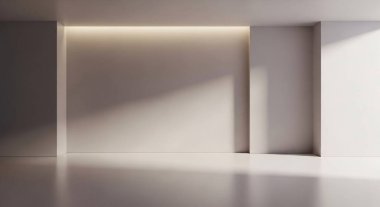 Sakin, minimalist bir iç mekan. Duvarlardan yansıyan pürüzsüz ışık yumuşak gölgeler ve sakin bir mimari atmosfer yaratıyor..