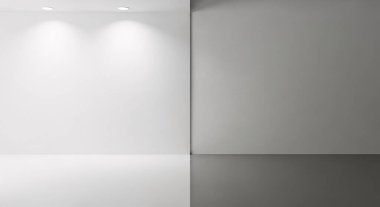 Temiz beyaz ve gri yüzeyli gri ölçekli, minimalist bir iç mekan, yumuşak yukarıdan aydınlatma ve sakin modern uzay alanı yaratan basit geometrik paneller..