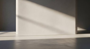 Çapraz güneş ışığının, beyaz bir duvar ve karanlık bir zemine yumuşak gölgeler bırakarak sakin geometrik zıtlıklar oluşturduğu minimum mimari sahne.