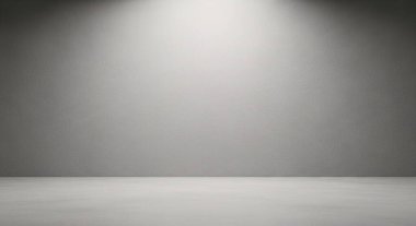 Parlak bir spot ışığıyla aydınlatılan, duvarda ve yerde yumuşak gri bir eğim yaratan, minimum boş bir stüdyo alanı.