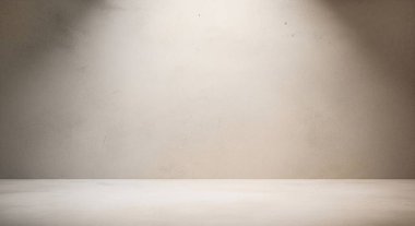 Sade bir duvar ve zeminde yumuşak spot ışıklarının yer aldığı boş bir stüdyo sahnesi, ürün veya portre için uygun minimalist bir fotoğraf arkaplanı oluşturur..
