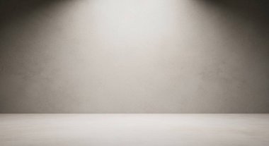 Minimalist bir stüdyo sahnesinde tek bir spot ışığı temiz bir zemin ve düz bir duvara odaklanmış bir kiriş oluşturarak fotoğrafçılık kavramları için dramatik nötr ışıklandırma yaratıyor.