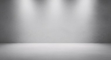 Parlak bir stüdyoda minimalist, boş bir sahne. Hafif sahne ışıkları ürün ya da sanat sunumu için temiz dramatik bir alan yaratıyor.