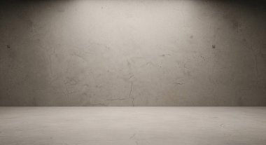 Pürüzsüz beton zemini ve yumuşak ışıklandırması ürün çekimleri veya yaratıcı tasarım için uygun arkaplan olan düz dokulu bir duvarı olan sessiz, boş bir stüdyo köşesi.