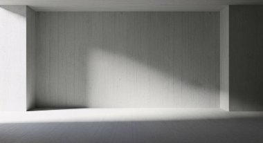 Dramatik ışık ve gölgeli çıplak bir rafın yer aldığı gri ölçekli bir iç mekan, minimal mimari ve sakin kompozisyonu vurguluyor.