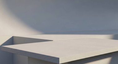 Temiz beyaz geometrik uçakların yakın bir görüntüsü modern mimari bileşimlerde katıksız gölgeler yaratıyor.