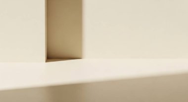 Açık bej bir duvarın yumuşak geometrik bileşimi ve gölgeli dikdörtgen bir açıklık temiz çizgiler ve ince derinlik yaratır.