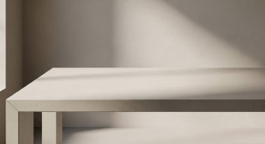 Temiz, minimalist beyaz bir masa, yumuşak ışıklı bir stüdyoda, basit çizgiler sergiliyor ve gölgeler sergiliyor..