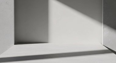 Keskin açılar, katmanlı uçaklar ve mimari elementlerin oluşturduğu dramatik gölgelerden oluşan bir minimalist gri tonlama..