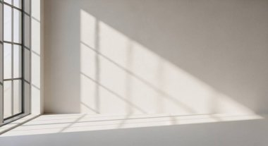 A serene sunlit corner inside a modern white room showcasing diagonal shadows on a clean floor.