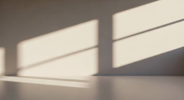 Parlak, boş bir stüdyo. Güçlü güneş ışığı ve duvarlar ve zemin boyunca dramatik gölgeler barındırıyor..