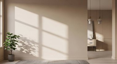 Parlak, güneşli, minimalist bir iç mekan. Duvarda saksı bitkisi, duvar aynası ve yumuşak gölgeler var..