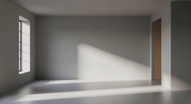 A sunlit empty room features a single window casting long diagonal shadows on a bare wall and smooth floor creating a calm architectural moment.