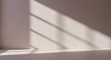 A calm indoor scene shows soft striped shadows across a plain wall and floor, creating a serene geometric composition and a sense of quiet solitude.