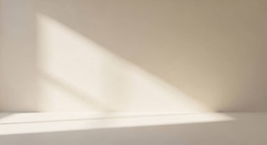 Bright corner of a room with slanted sunlight creating a geometric shadow on the floor and wall, conveying calm minimalism and architectural light.