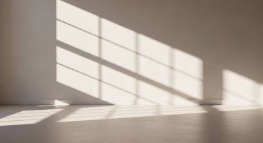 A minimalist sunlit interior bathed in soft shadows and geometric light patterns across a bare floor and wall