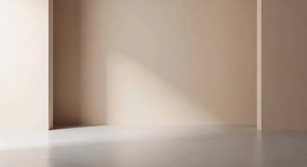 Sakin, boş bir iç mekan. Yumuşak gölgeli, tarafsız duvarları ve pürüzsüz zemini olan güneşli bir köşe.